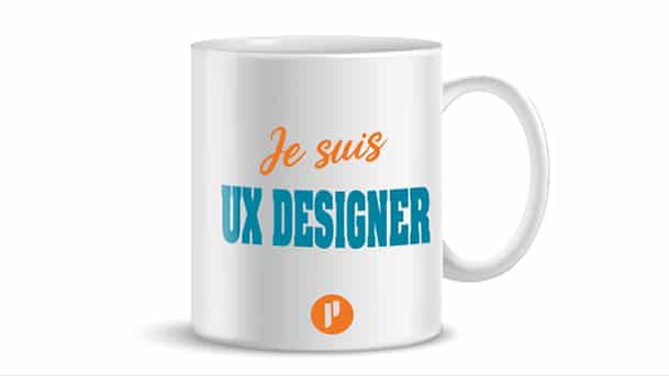 Mug avec inscription "Je suis UX designer" et logo Prium Portage