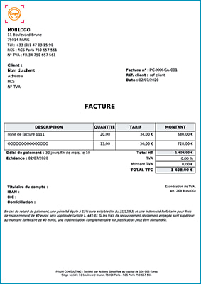 Exemplaire d'une facture personnalisée d'un salarié porté de Prium Portage avec l'application Prium One