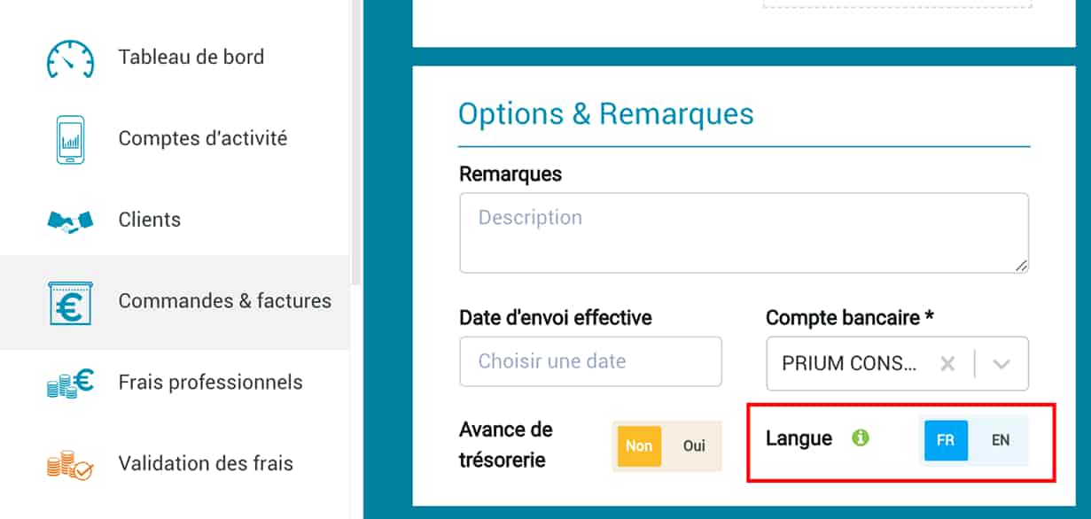Interface Prium One pour changer la langue de la facture en français ou en anglais