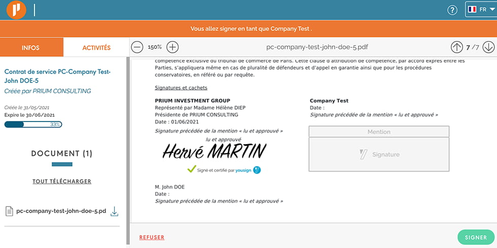 Interface de l'application Yousign avec la signature électronique de Hervé MARTIN