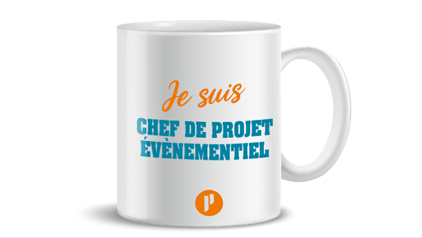 Mug avec inscription "Je suis Chef de projet évènementiel" et logo Prium Portage