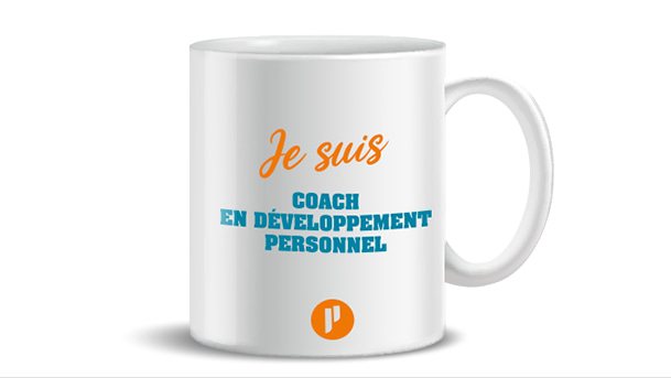 Mug avec inscription "Je suis coach en développement personnel" et logo Prium Portage