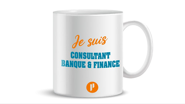 Mug avec inscription "Je suis Consultant banque & finance" et logo Prium Portage
