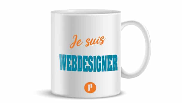 Mug avec inscription "Je suis Webdesigner" et logo Prium Portage