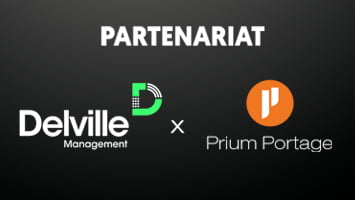 Sur fond gris-noir, présentation du partenariat entre Prium Portage et Delville Management.