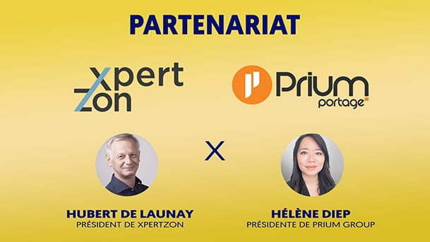 Visuel sur le partenariat entre XpertZon et Prium avec les logos des deux entités et les portraits en médaillon d'Hubert De Launay, président de XpertZon, et Hélène Diep, présidente de Prium Group.