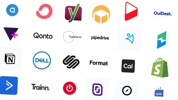 Mosaïque d'applications SAAS sur fond blanc : Ouidesk, Qonto, Typeform, Pipedrive, Dell, Tally, Yoast SEO, Shopify, Traïnn, Qoob, Notions...
