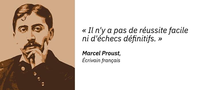 Image graphique d'un portrait de Marcel Proust, écrivain français et une citation : "Il n'y a pas de réussite facile ni d'échecs définitifs".
