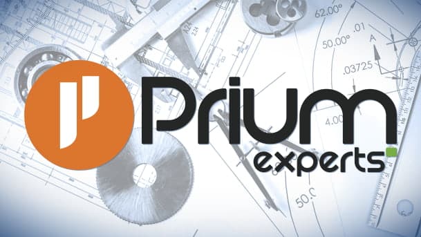 Logo Prium Experts, en arrière-plan un dessin d'un plan de table d'un ingénieur
